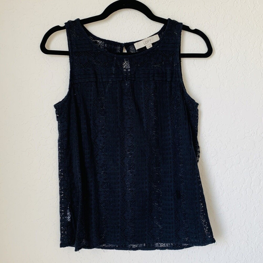 LOFT Blouse XS Navy Blue Sheer Floral Lace Sleeveless Feminine Preppy Career‎